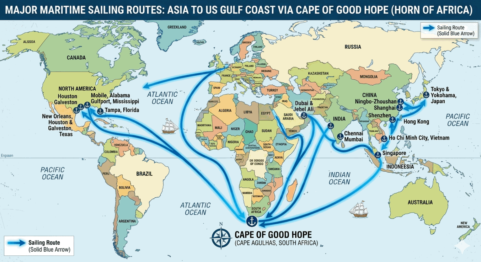 Sea route comparison: US Gulf to Asia via Cape of Good Hope versus Middle East to Asia direct — voyage distance and time differential