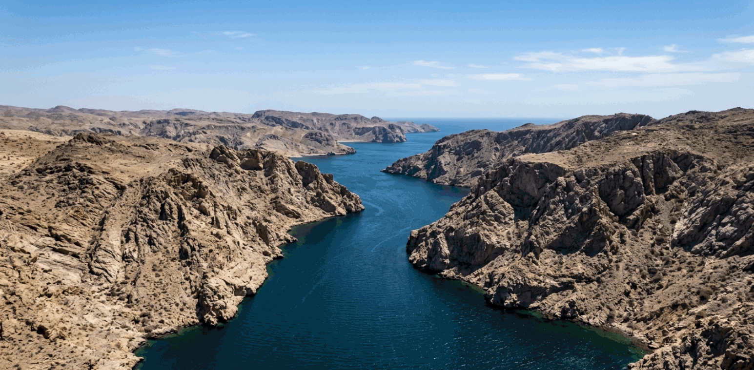 The Strait of Hormuz — narrow channel between arid limestone cliffs, the single passage through which twenty percent of global oil flows