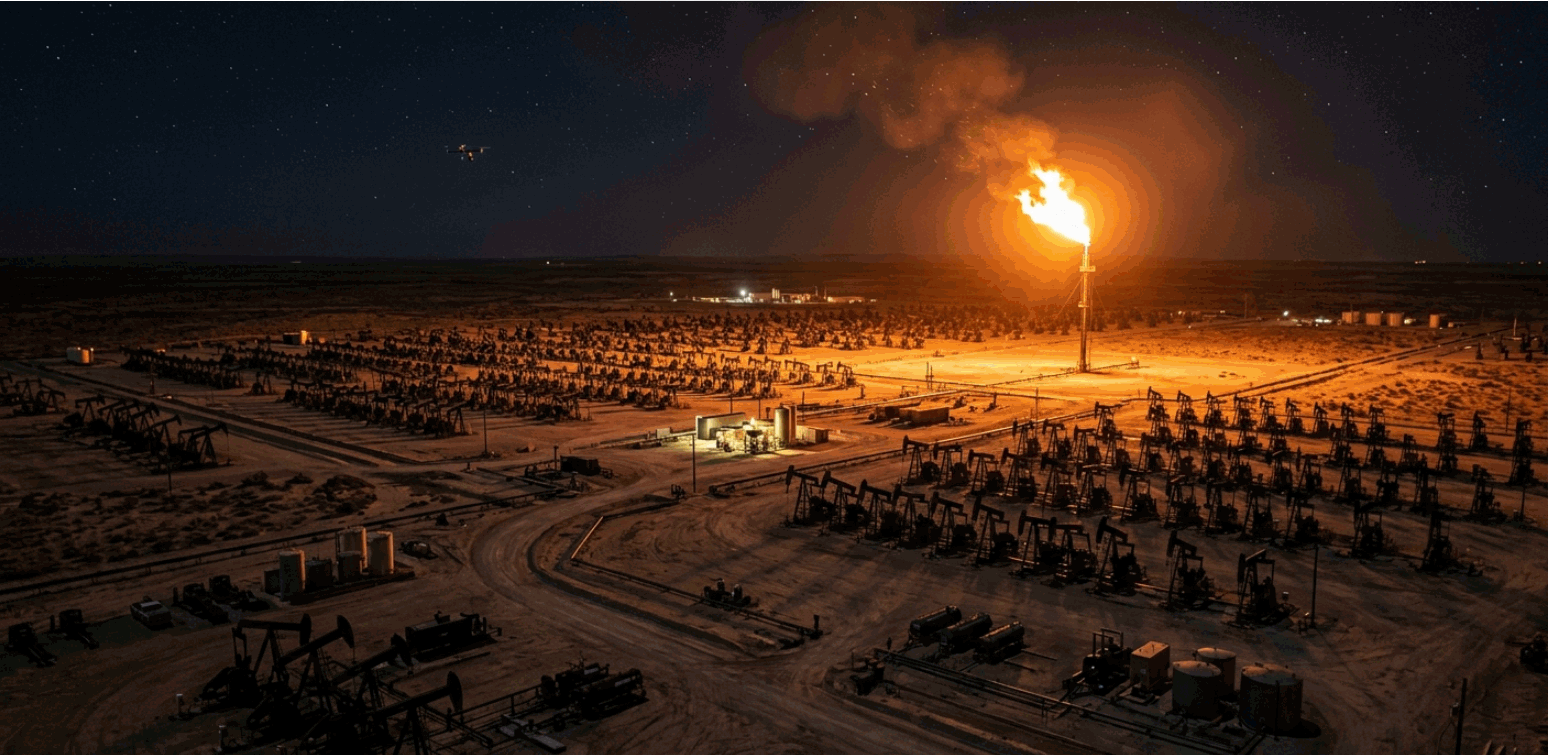 Desert oil field at night — hundreds of pump jacks across the horizon, single gas flare blazing orange, the scale of upstream production made visible