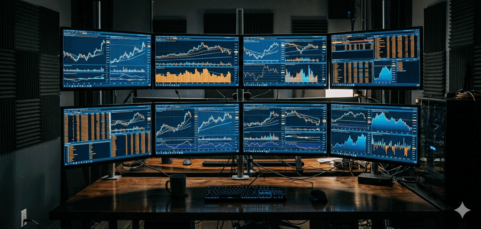 Eight trading monitors displaying commodity futures charts in blue and amber — the paper market pricing a world that does not exist