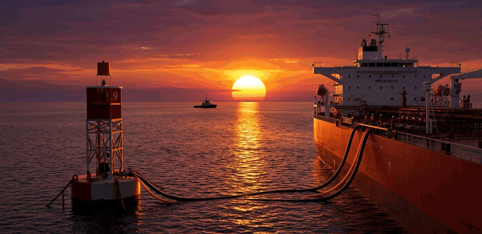 Crude oil tanker at sunset with transfer hoses arching from mooring buoy to ship manifold — the physical infrastructure of moving barrels