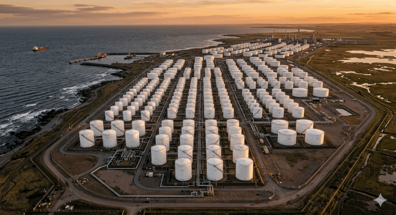 Vast oil storage tank farm aerial at golden hour, white cylindrical tanks in geometric rows on flat coastal terrain — the strategic reserve buffer running down at end of day