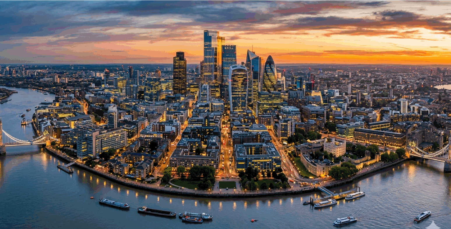 Financial district skyline at dusk, glass skyscrapers reflecting warm sunset light &mdash; the paper world's serene surface while physical markets break underneath.