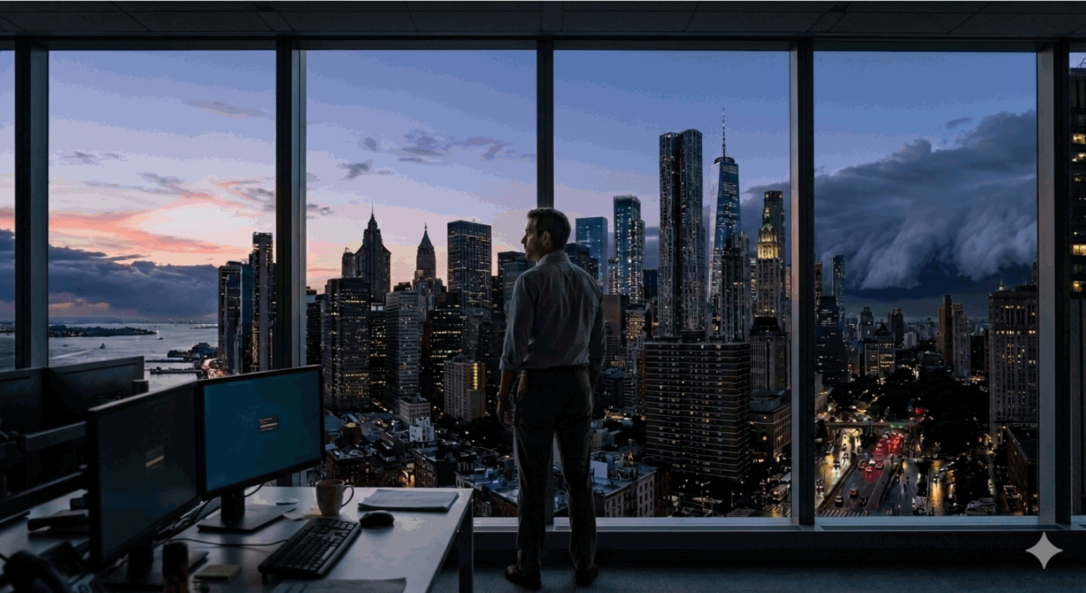 Lone trader silhouetted in Manhattan office at dusk, watching a massive storm roll in over the ocean beyond the skyline — the calm before the reckoning