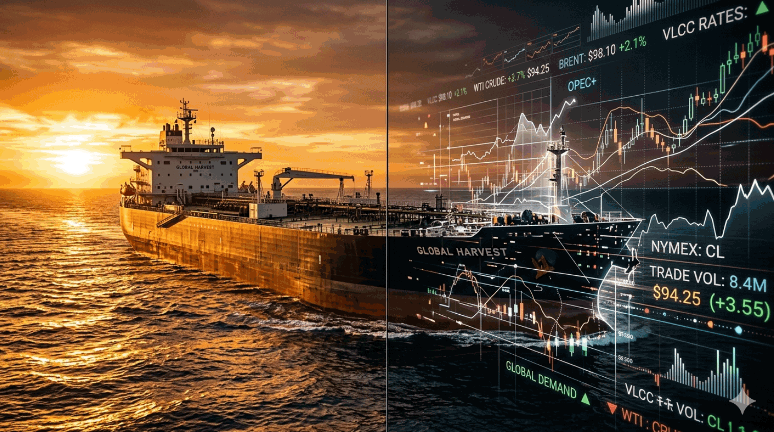 Oil tanker at sunset — left half sharp and golden, right half dissolving into financial chart lines and ticker numbers — physical reality meeting paper abstraction