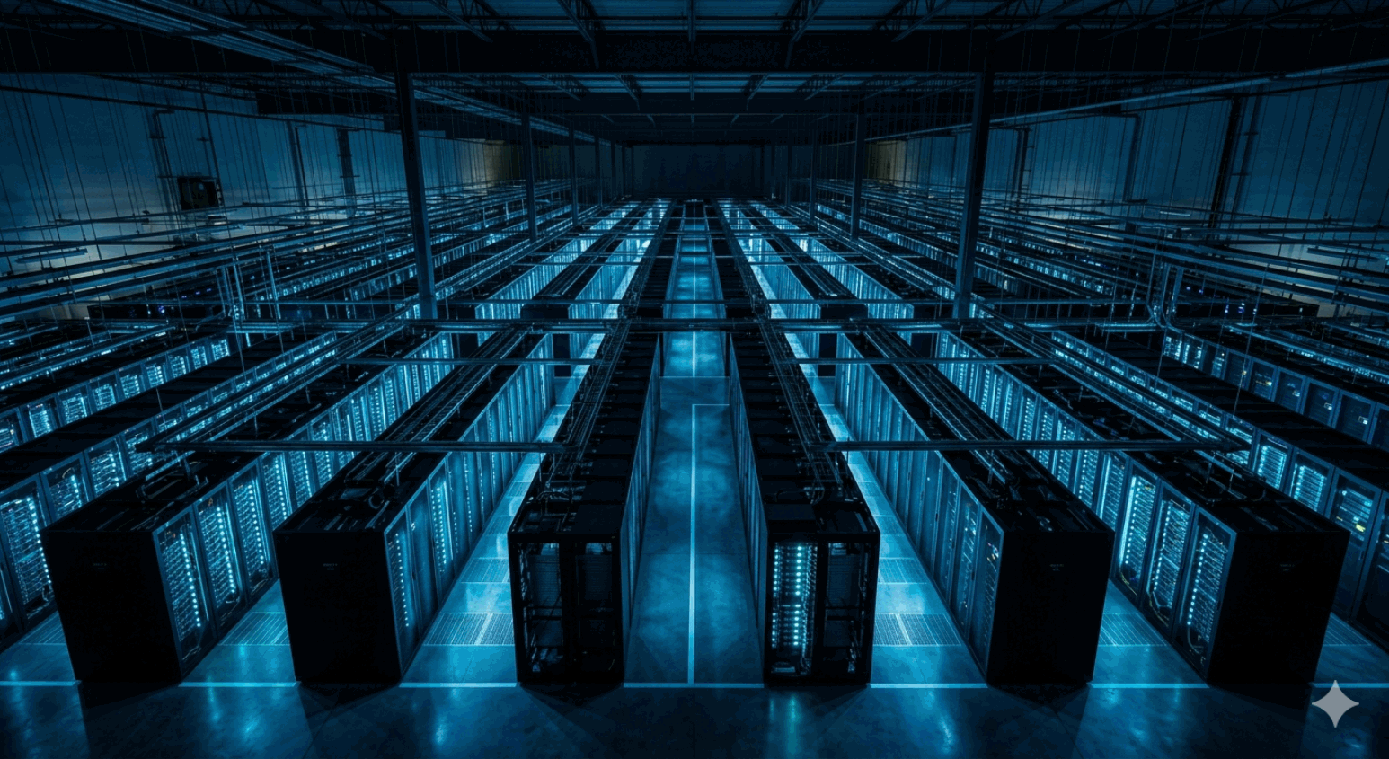 Drone aerial of data centre interior with illuminated server racks stretching into distance