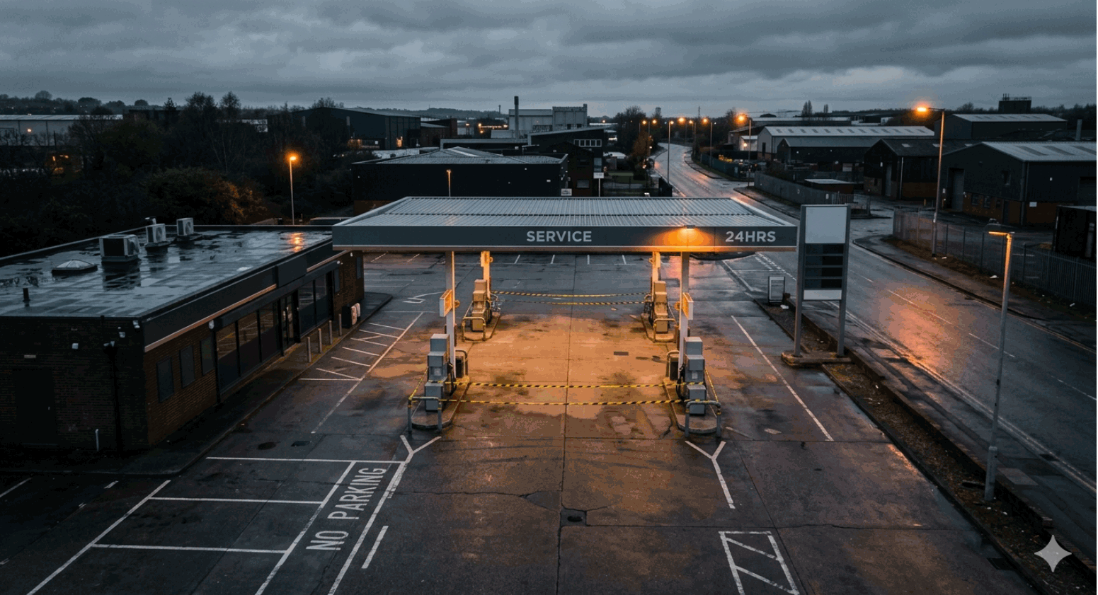 Drone aerial of an empty petrol station forecourt at dawn, pumps cordoned off, no activity