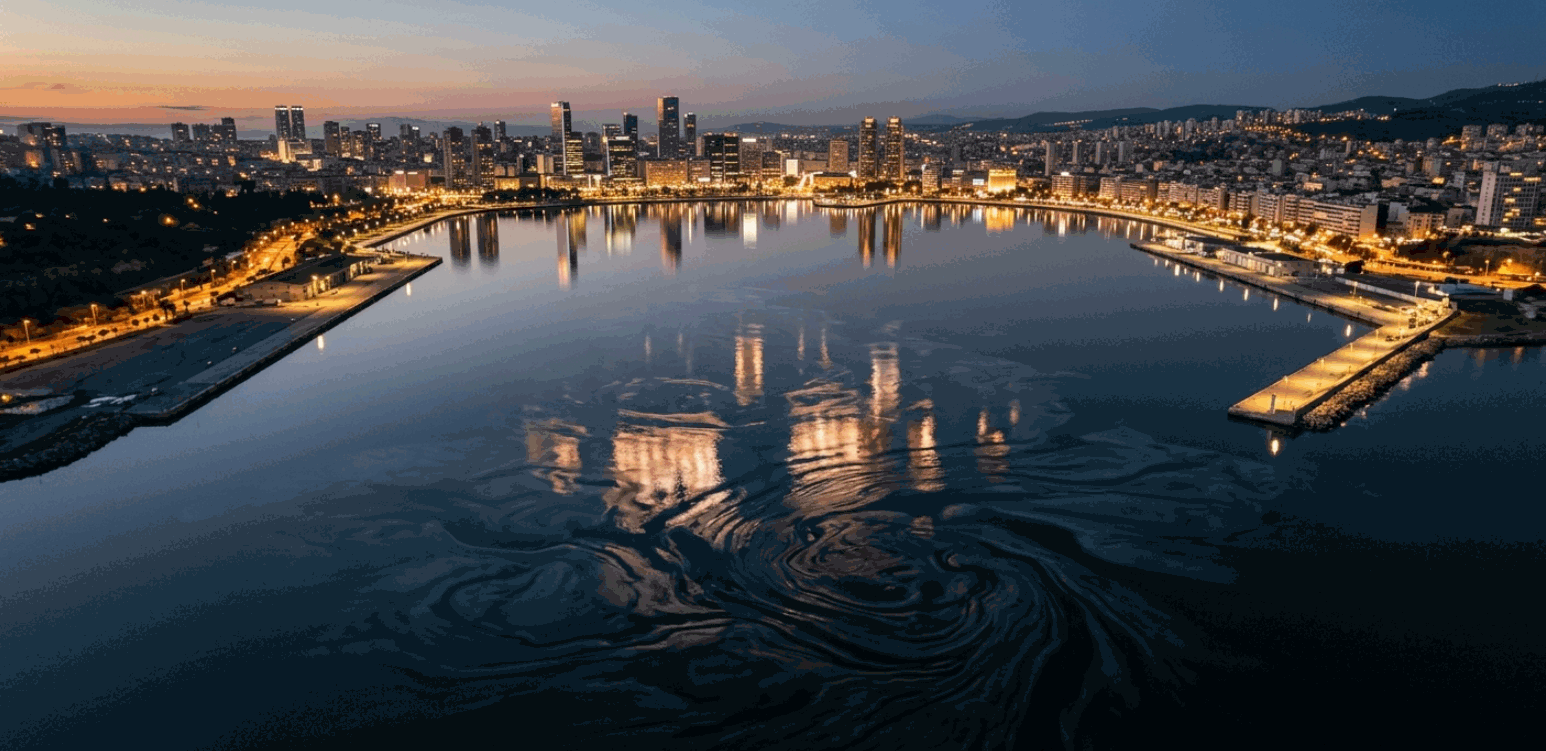 Drone aerial of a calm mirror-like harbour at dusk with swirling undercurrents beneath the surface