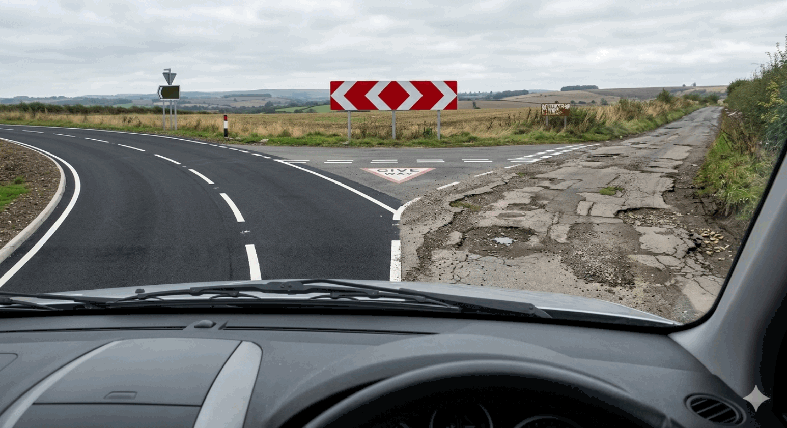 First-person driver's view approaching a T-junction &mdash; left branch freshly tarred, right branch broken and pothole-ridden &mdash; the asymmetric risk trade made literal from inside the choice