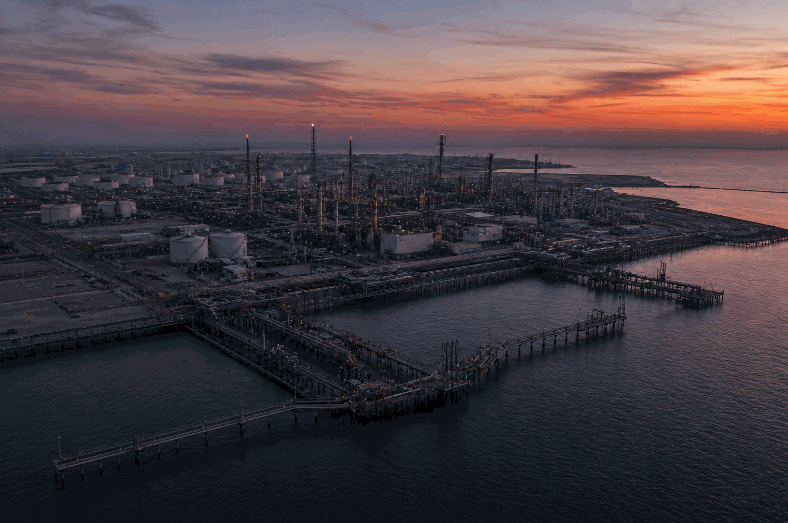 Drone aerial of a vast Persian Gulf refinery complex at dusk, distillation columns silhouetted with weak flare stacks, multiple export jetties extending into calm water with no tankers at berth — production capacity visible, activity absent