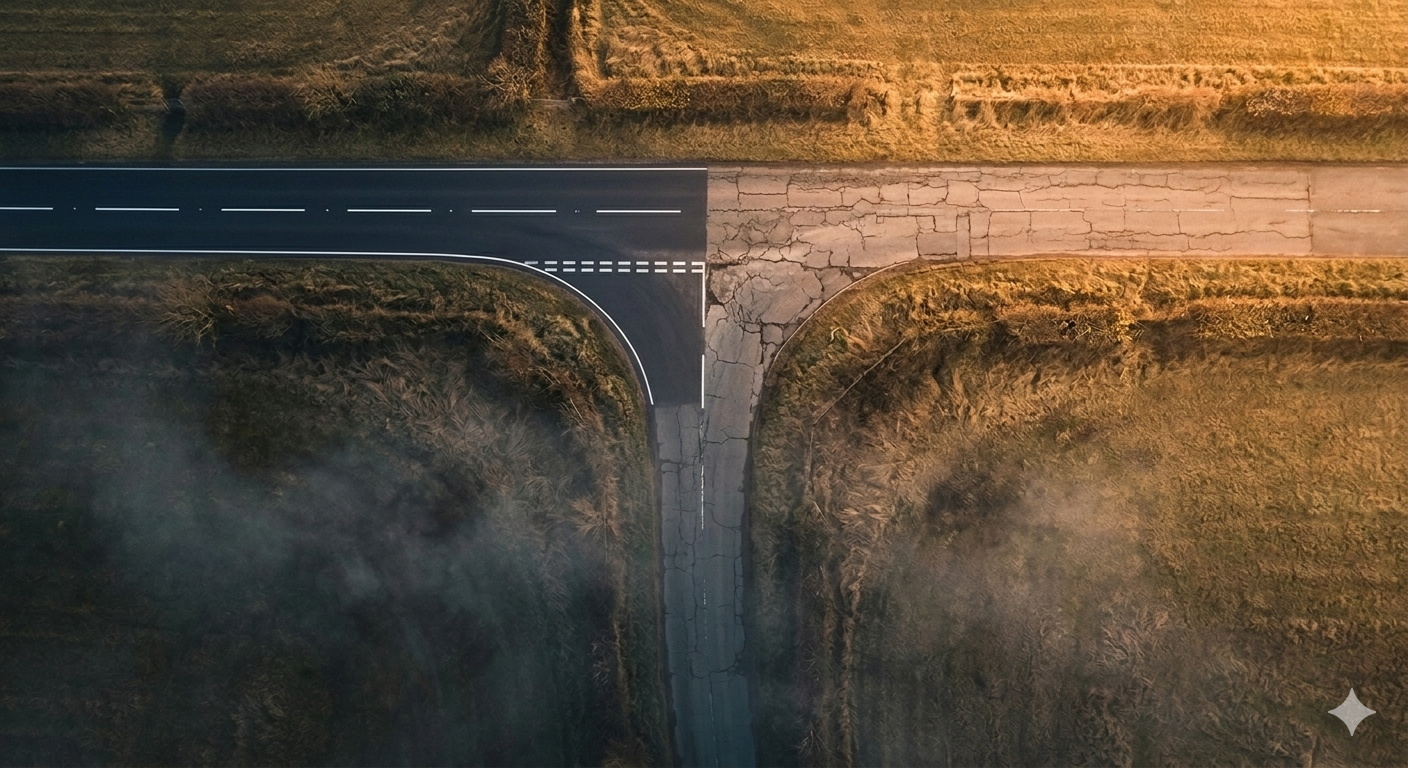 A T-junction road &mdash; one path freshly paved, one crumbling &mdash; the asymmetric risk trade made literal