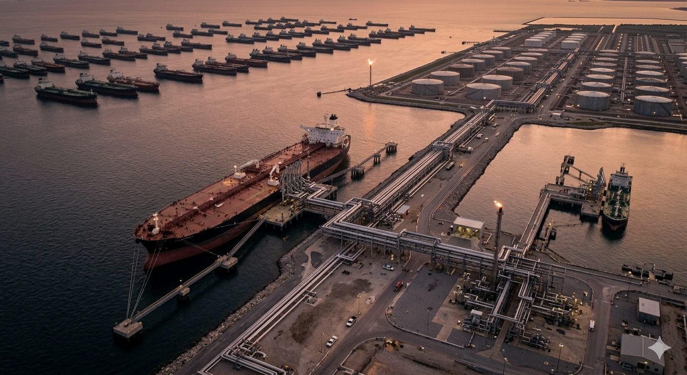 Crude tanker loading at an export terminal at sunset, dozens of vessels waiting at anchor in the background — the physical queue behind the throughput bottleneck