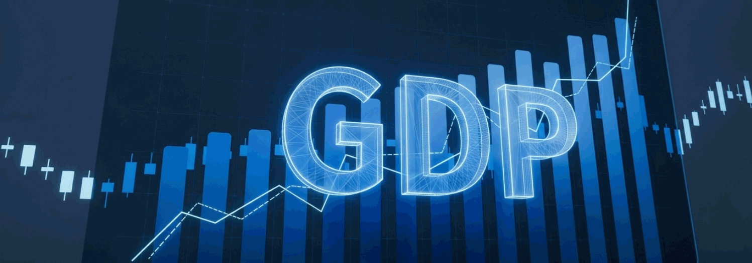 GDP data visualization — bar chart, candlestick overlay, and upward trend line in holographic blue on dark background