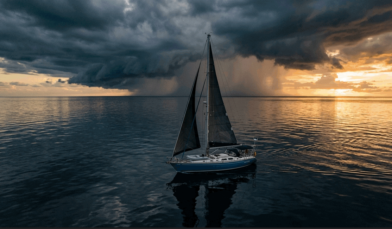 A lone sailing yacht on a glassy sea at dusk with its sails partially reefed as a dark storm wall builds on the horizon — the falling-barometer, reef-the-sails metaphor