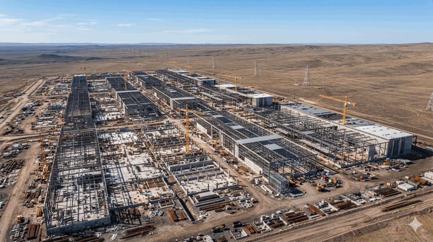 Drone aerial of a vast half-built data-centre campus on open plain, multiple halls at different stages of construction with tower cranes and transmission pylons running to the horizon